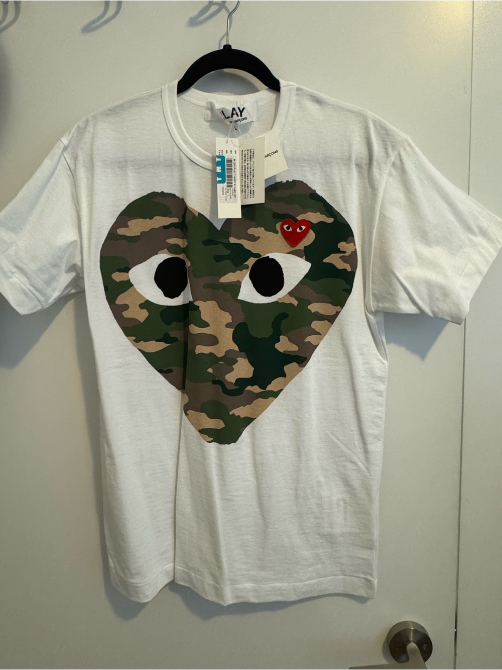 Comme des Garcons White Tee with Camo Heart and Red Heart Patch